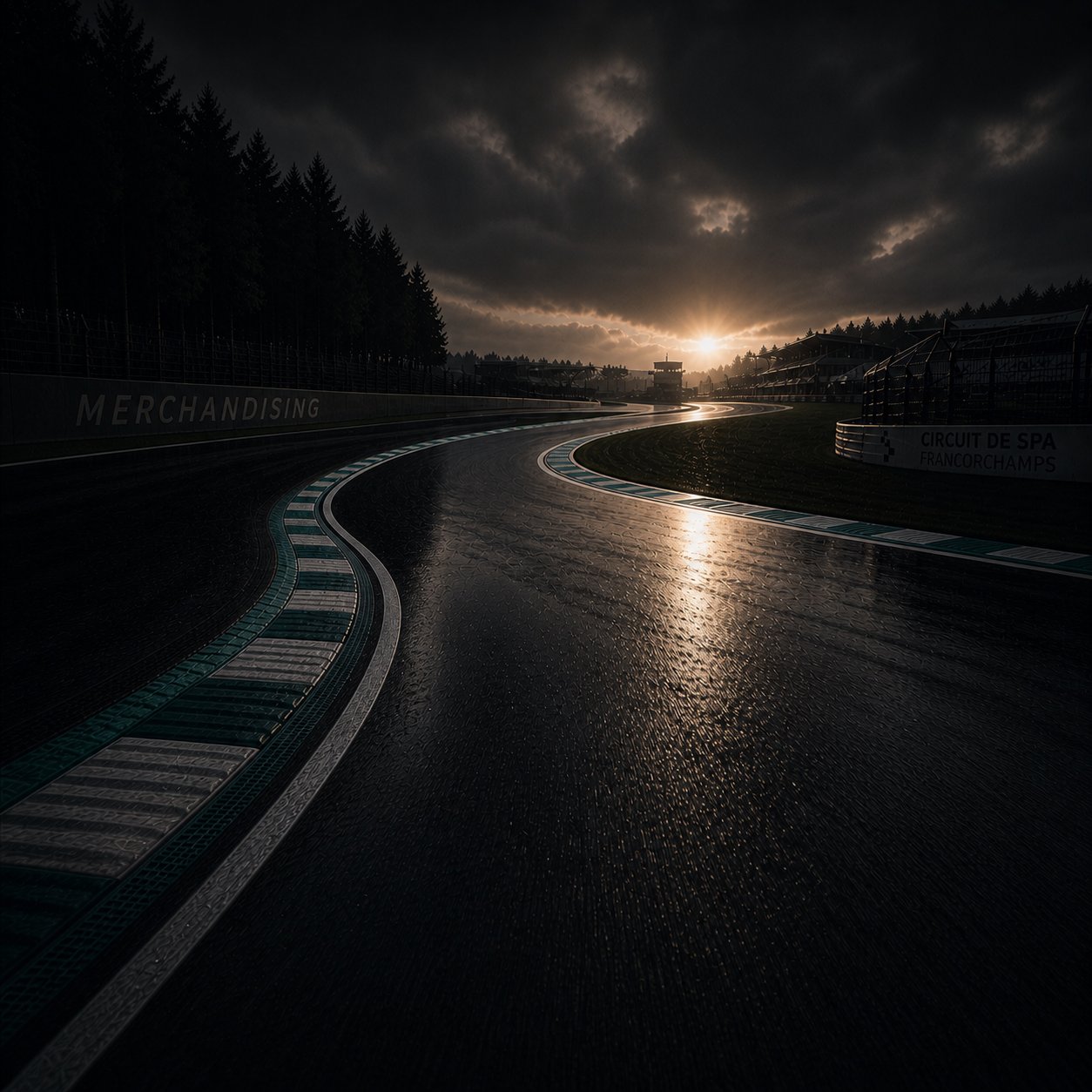 Race circuit chicane at dusk with light breaking through clouds